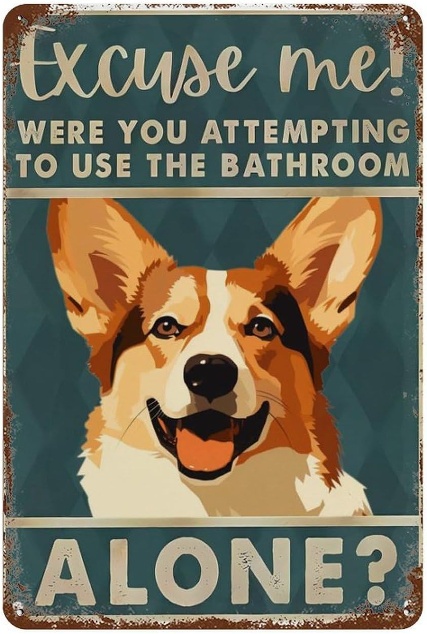 Home Alone Bathroom - Papan Tanda Timah Retro Corgi Maaf,